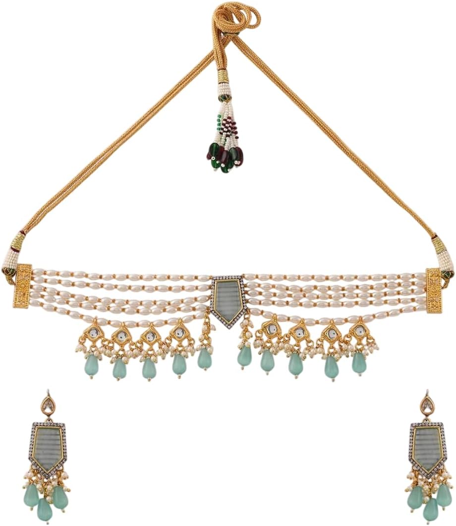 Gold-Plated Artificial Stones & Beads Studded Brass Jewellery Set-DMZ-3909, Small, Brass