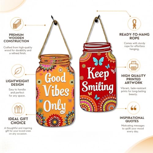 Image of GiftOday Good Vibes Only Wall Hanging | Multicolor Wooden Wall Art | Size 7.5 x 12 Inch | Decorative Item for Living Room, Kitchen Decor, Bedroom | Perfect For Home Decor and Gift Idea | Set of 2