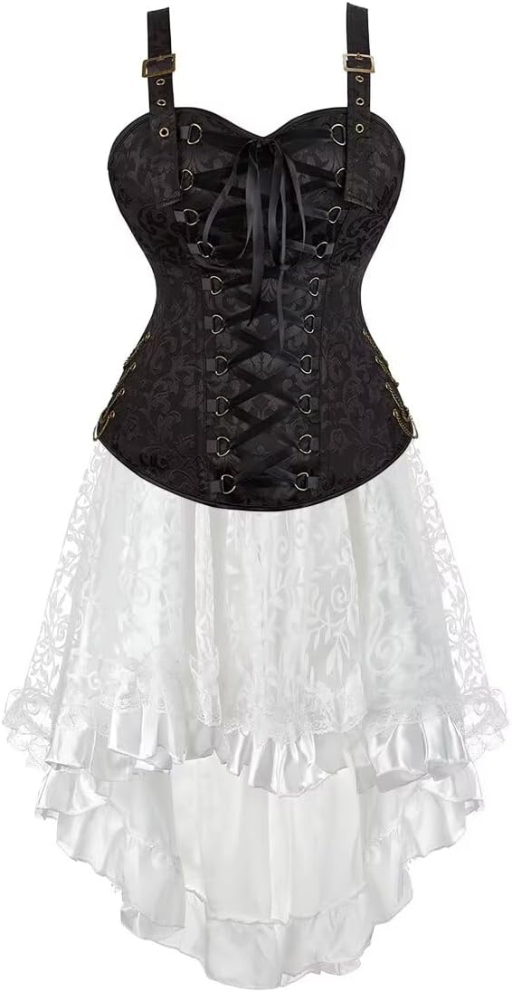 Jutrisujo Steampunk Corset with Straps Dress Top Skirt Tutu Set Plus Size Vintage Lace up Gothic Costume Halloween