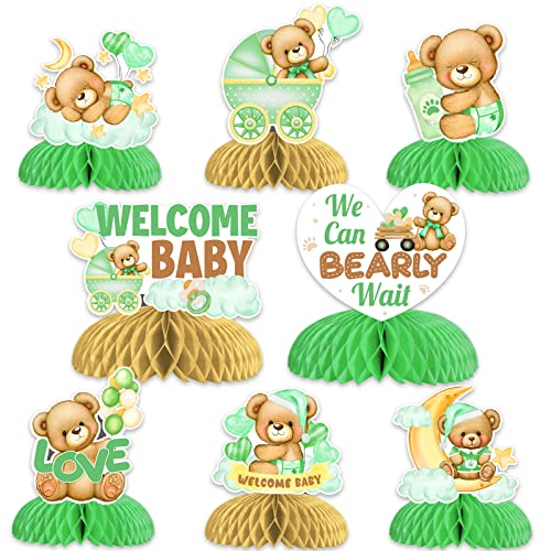 8 Pcs Bear Baby Shower Honeycomb Centerpieces Sage Green We Can Bearly Wait Baby Shower Decorations Double Sided Printed