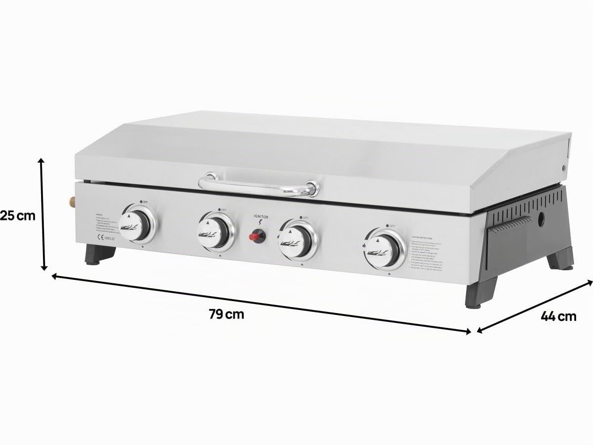 Piastra liscia a gas con 4 fornelli e coperchio "Fasto" - 10 kW - Grigio
