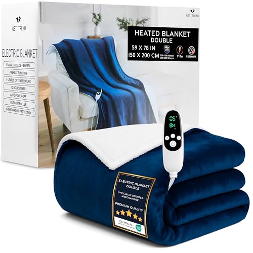 Get Trend Manta Electrica Doble 150x200 Cm Con 9 Niveles, Temporizador 12h Y Protección Contra Sobrecalentamiento, Manta Invierno Para Cama, Sofá Azul Marino, Double Eu