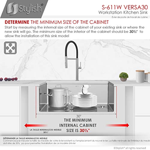 Stylish 30 x 19 Inch Workstation Sink 16G Stainless Steel Reversible 10 Inches Deep Single Bowl Undermount Kitchen Sink with Grid Basket Strainer Drying Rack Colander and Cutting Board, S-611W by Stylish - Image 9