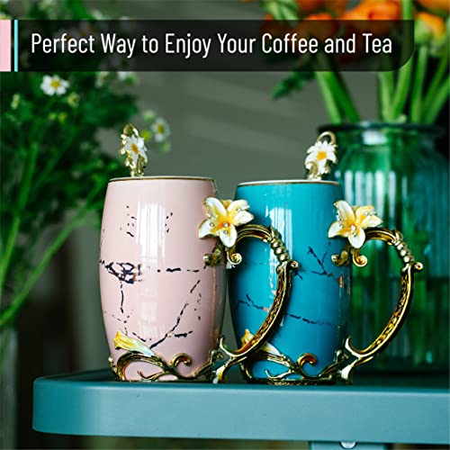 Btat- Fancy Coffee Mugs With Spoon, 12 Oz, Set Of 2, Floral Coffee Mugs, Pink And Blue, Ceramic Tea Cup, Fancy Tea Cups, Gifts For Women, Tea Mugs For Women, Flower Tea Cup #TOP5