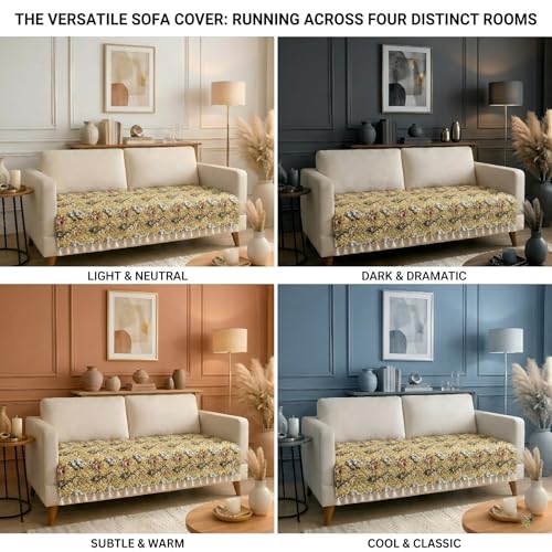 Image of BSB HOME Cotton Sofa Cover Throw with Tassels, Soft Breathable Fabric, Printed Couch Cover for Living Room, Lightweight Furniture Protector (27 x 70 Inches / 69 x 178 cm) (Yellow & Olive Green)