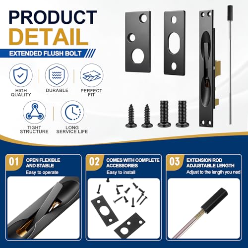 Image of Blulu 2 Pcs Solid Brass Extension Flush Bolt with Rod 12 Inch, 1 inch W x 6-3 /4 inch H Flush Bolt for Fire Swinging Hollow Metal Doors & Double Doors, Black