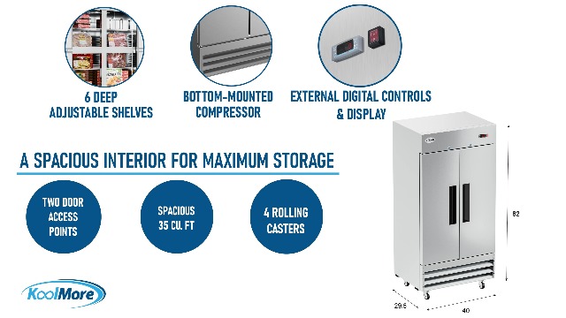 Image of KoolMore RIR-2D-SS35C Commercial Stainless-Steel Reach-in Refrigerator with Two Door Access for Restaurants, Cafes, and Cold Food Storage, Large 35 Cu. Ft. Capacity, Heavy Duty Kitchen Use, 2, Silver