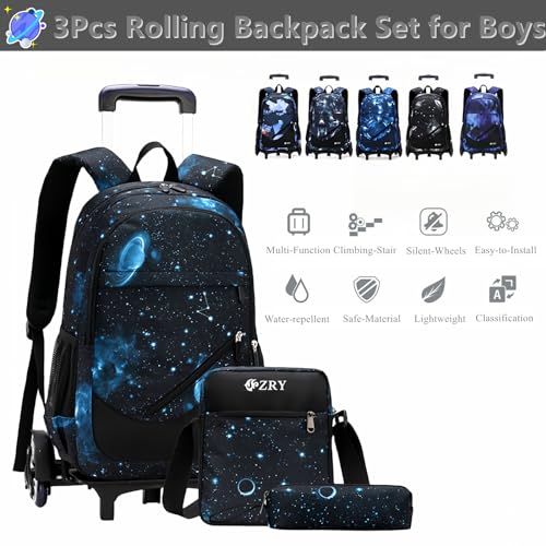 3Pcs Black Galaxy Rolling Backpacks for Boys Middle School Bags Trolley Elementary Bookbags on 6 Wheels2
