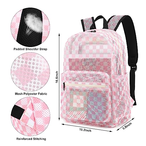 Checkered Mesh Backpack for Girls, Kids Teens School Backpacks Women Bookbags Semi-transparent Beach Backpacks (Pink)4