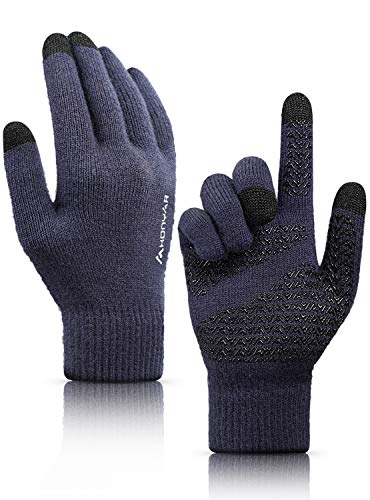 Gloves Touchscreen, HONYAR Knit Cold Weather Winter Gloves for Men Texting Running Driving with Hand Warmer Glove Liners - Elastic Cuff - Anti-slip Grip - Navy (L)