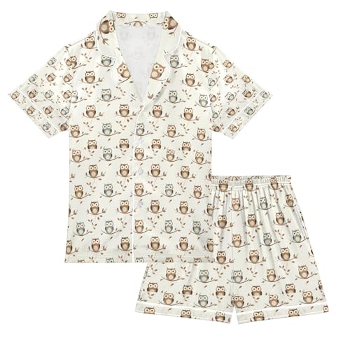 senya Many Cute Owl Satin Summer Pajama Sets Silk Short Sleeve Button Down Sleepwear