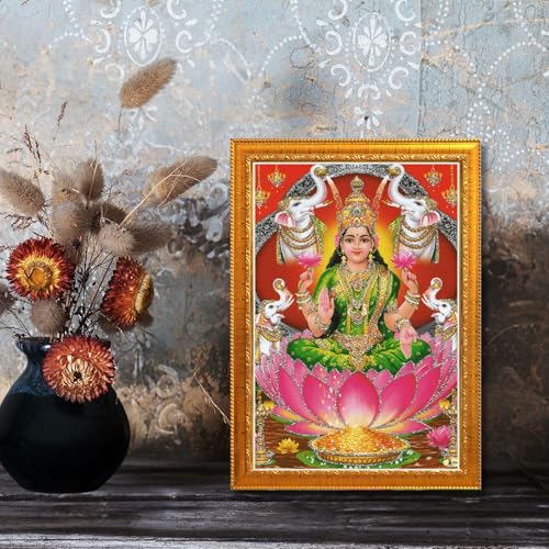 Image of CRAFT QUEST Lakshmi Devi with ganesh ji and saraswati mata Wall Painting Photo Frame for Diwali Pujan (Synthetic, Golden, Sparkle Finish, Small Size, 8 X 6 Inch)