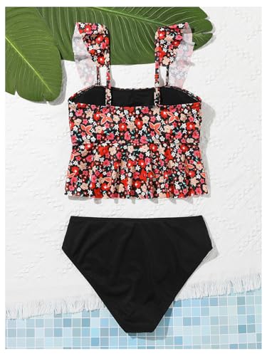 SOLY HUX Girl's Floral Swimsuit 2 Piece Tankini Set Cute Ruffle Bathing Suits Summer Beachwear Black Red Floral 13 Years2