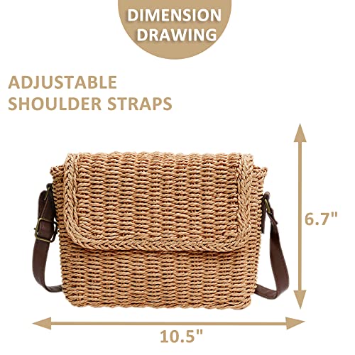 Straw Bag, Beach Bag for Women, Handwoven square Handbag, Adjustable Leather Shoulder Strap Crossbody Bag Suitable for Beach, Travel, Daily Matching(Khaki)2