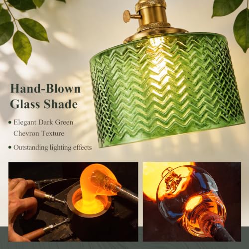 Image of Green Pendant Light for Kitchen Island, Modern Gold Hanging Light Fixture with Ribbed Glass Shade Adjustable Mini Chandelier Pendant Lighting for Dining Room Bedroom Foyer entryway 1 Pack