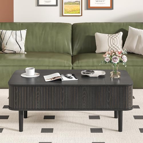 Image of Fluted Lift Top Coffee Table with Storage, Mid Century Modern Coffee Table for Living Room, Home Small Space,39.4 inch Fluted Center Table (Rectangle-Black, 39.4inch)