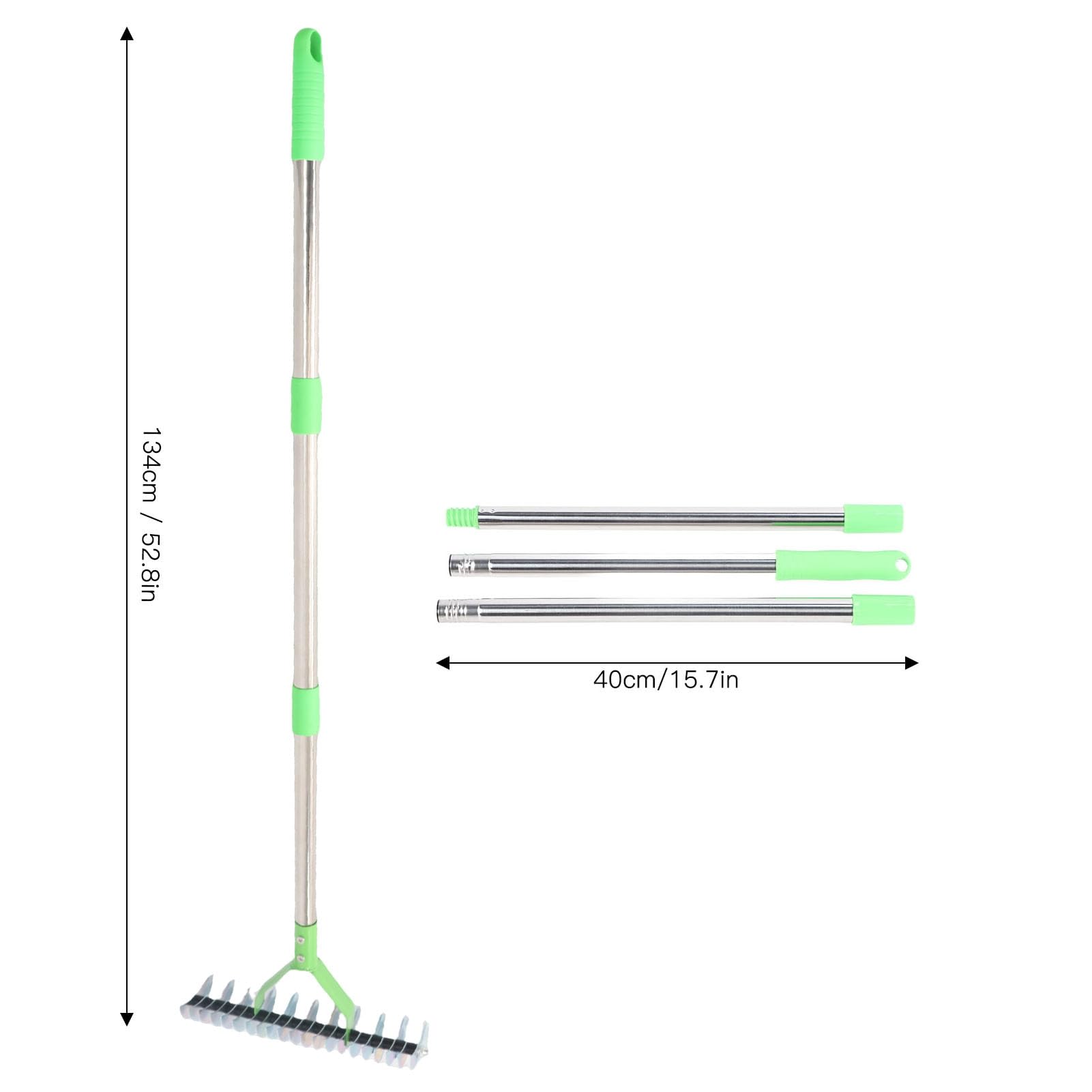 Rengue Rastrillo de Paja, Rastrillo de Césped, de Paja de 3 Secciones de Acero Inoxidable con Púas Curvas y Ergonómico para Techar, Fertilizar, Resiembra, Labrar