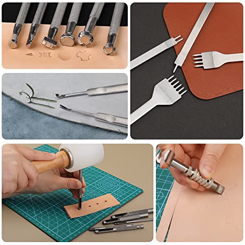 Image of Jupean Leather Working Kit, Tooling Tool Kit With Stamping Tools Storage Bag Cutting Mat Prong Punch Waxed Thread Stitching Groover For Craft