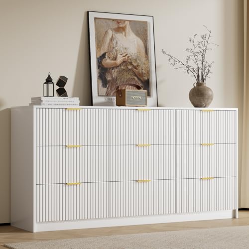 Image of Furniway 9 Drawer White Dresser for Bedroom, 63 inch Modern Fluted Dresser with Gold Handles and Smooth Slides, Wide Chest of Drawers for Closet, Living Room, Hallway