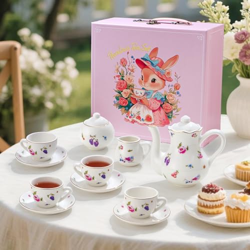 Image of TUZT Tea Party Set for Little Girls Ages 3-8, White Floral Porcelain Tea Set with Gold Trim Edges, Princess Tea Time Toy Includes Pot & Cups & Saucers & Suitcase, Birthday Gifts for Toddlers Girls