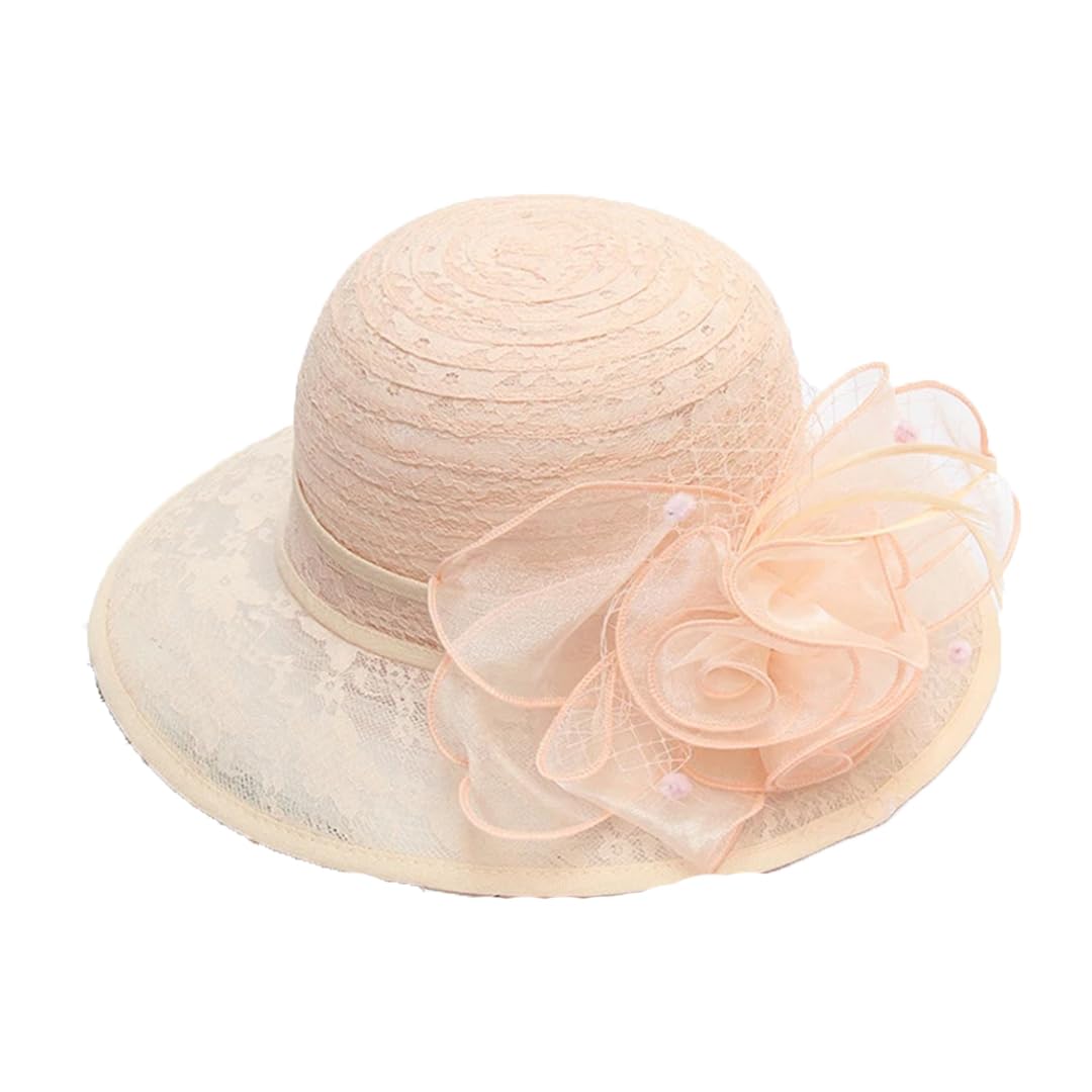 Yeuyyben Elegante cappello da sole in organza con fiore per donne a tesa larga chiesa signora tea party cappello da sole spiaggia cappello