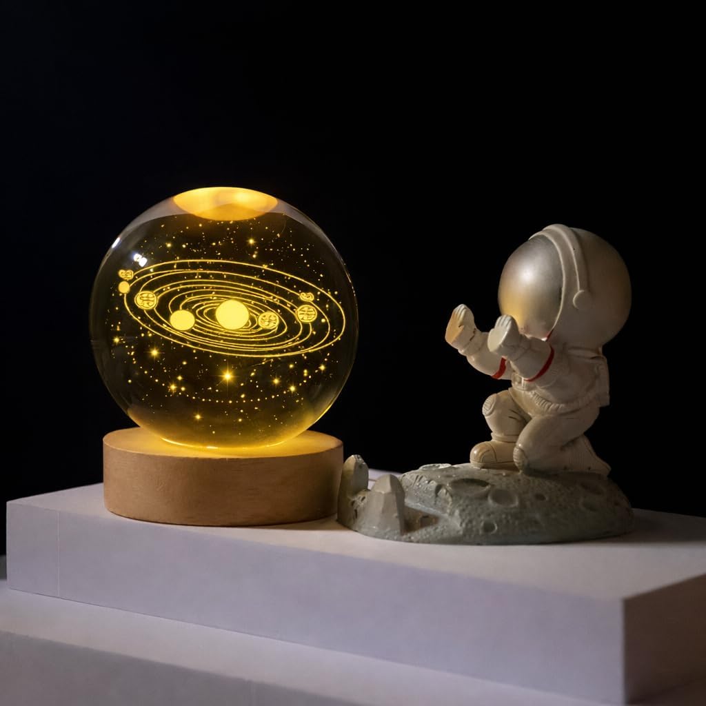 3D Solar System Crystal Balls 60mm 2.36inch with LED Wooden Base, Aesthetic Universe Planet Glass Ornament for Home and Office Desk Decor, Elegant Lighted Mood Lamp