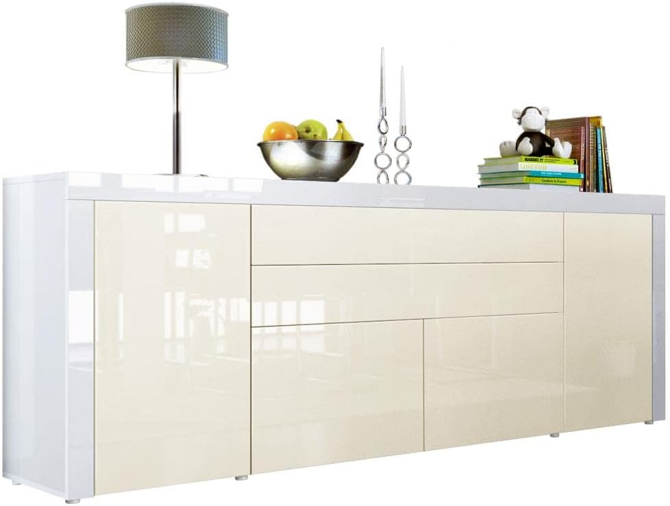 Vladon La Paz V2 Sideboard, Cabinet with 2 Doors, 2 Drawers, and 2 Drop-Down Doors, White High Gloss/cream high gloss/white high gloss (200 x 72 x 35 cm)