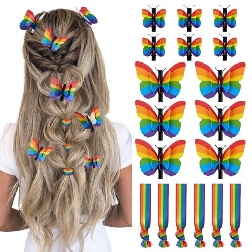 12PCS Rainbow Butterfly Hair Clips & 6 Hair Tie Bracelets for Pride Parade 6 Large & 6 Small LGBTQ Rainbow Accessories for Pride Celebration