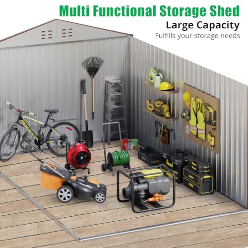8x15 Ft Outdoor Storage Shed, Steel Utility Tool Shed with Sloped Roof & Lockable Door, Backyard Garden Patio Lawn Outdoor Shed for Storing Tools and Equipment in Yard, Brown