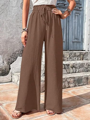 Women's High Waisted Wide Leg Beach Pants Flowy Adjustable Tie Knot Palazzo Pants Lightweight Business Trousers
