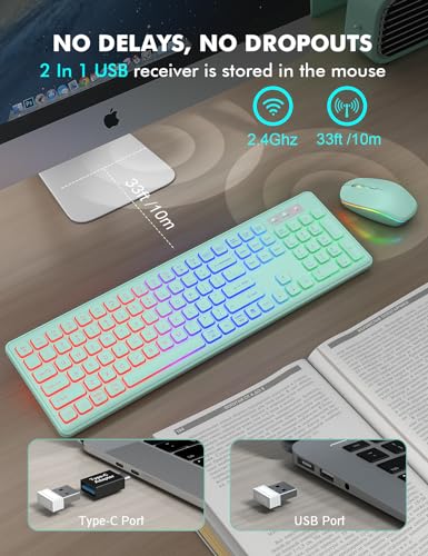 Image of Wireless Keyboard and Mouse Combo - RGB Backlit, Rechargeable & Light Up Letters, Full-Size, Ergonomic Tilt Angle, Sleep Mode, 2.4GHz Quiet Keyboard Mouse for Mac, Windows, Laptop, PC, Mint Green