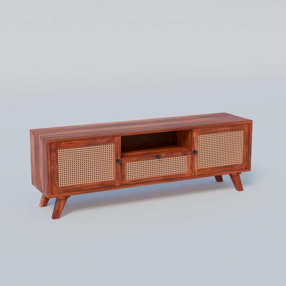 Image of Premium Solid Wood, 10 Minutes Assembly (Legs Only), Aesthetic Rattan Doors, Mid Century Entertainment Center for Living Room, TV Stand for 65 inch TV, Dark Chocolate (L-Lalai Fiinsh)