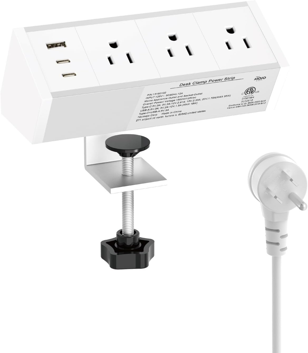 Tecmojo Desk Clamp Power Strip 3 Outlet with 1 USB A and 2 USB C Ports, 6 ft Cord, Desk Outlet Station Fit 1.6" Tabletop Edge, ETL Listed, White