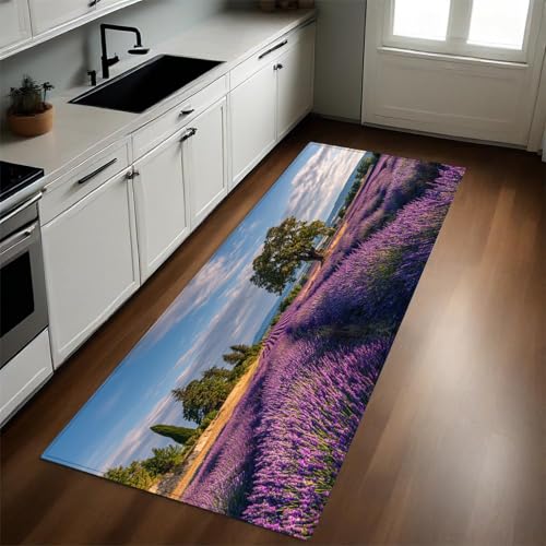 Violet Tapis de Cuisine Arbre des Champs de Lavande Long Antidérapant Antifatigue Absorbant Lavable Devant Évier Décoration Maison 40 x 120 cm