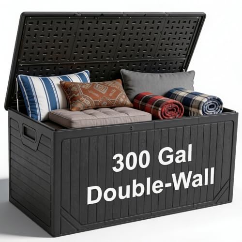 Image of 300 Gallon Outdoor Storage Deck Box, Extra Large Waterproof Resin Storage Box for Patio Cushions, Garden Tools, Pool Supplies, Outdoor Furniture Accessories, Black