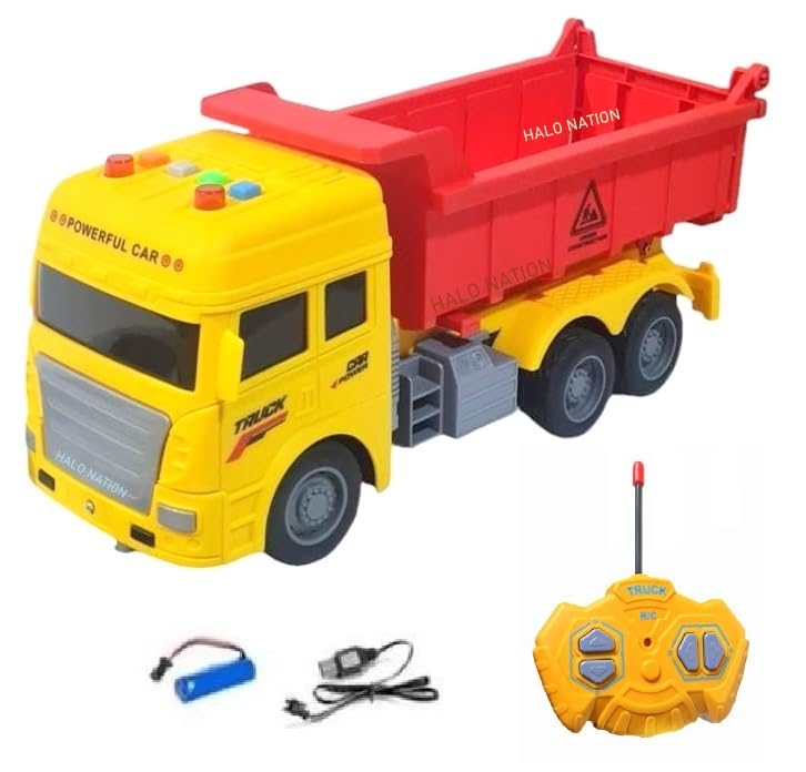 Image of HALO NATION Remote Control Dump Truck - 4 Channel RC Engineering Vehicle With Light & Sound for Kids, Big Size Dumper Red Yellow