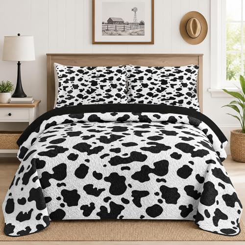 Pamnest Quilt Set Full/Queen Size Cute Animal Cow Print 3 Pcs Soft Bed Cover Bedding Set for Kids and Adults Black and White Spots Lightweight Bedspread Coverlet with Pillow Sham for All Season