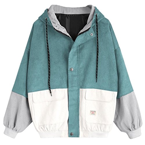 Women Teen Girls Vintage Long Sleeve Color Block Corduroy Hooded Jacket Coat Windbreaker Oversized - //coolthings.us