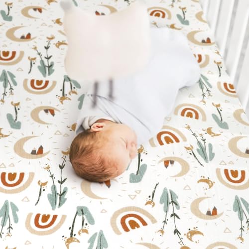 Image of GRSSDER 100% Cotton Muslin Crib Sheet 2 Pack - Breathable & Ultra-Soft Fitted Crib Sheets for Standard Baby & Toddler Mattresses, 52 inchx28 inch with 9 inch Deep Pocket, Snug Fit All-Around Elastic