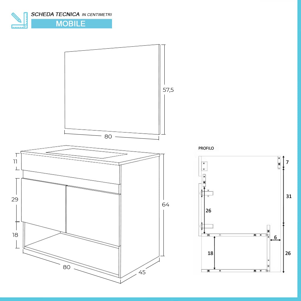 Inbagno Mobile bagno sospeso 80 cm, 2 ante e vano a giorno serie Oasi, colore rovere con venatura naturale, COMPLETO di lavabo in ceramica e specchiera