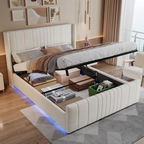 Merax 4FT6 Double Ottoman Bed with Hydraulic Storage, 135 x 190 cm Beige Velvet Upholstered Bed Frame with LED Strip, Double Bed Frame with Padded Headboard, Space Saving Storage Bed, No Mattress