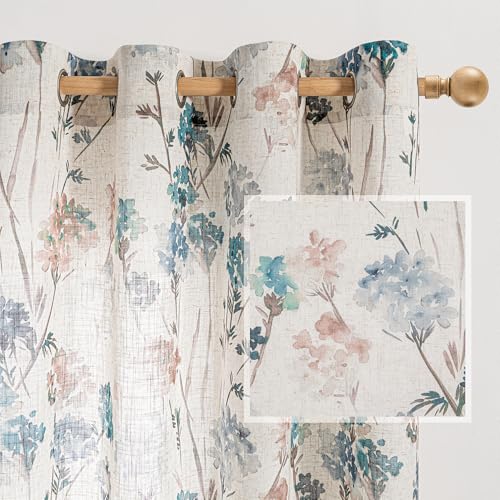 Image of MYSKY HOME Floor to Ceiling Linen Floral Curtains 108 Inch Length 2 Panels Semi Sheer Light Filtering Farmhouse Flower Print Patterned Window Grommet Curtains for Dining Room, 52 inch W Each Panel, Brown