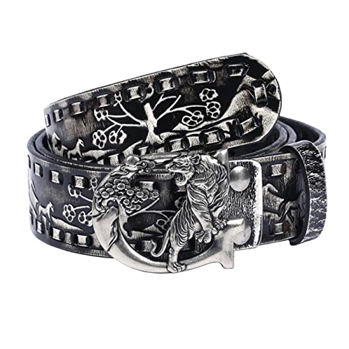 Embossed Western Belt - Engraved Hollow Tiger Silver Buckle, Floral Handmade Leather For Jeans