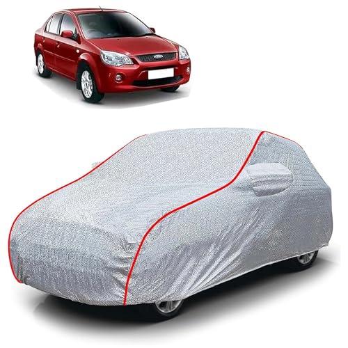 Image of Sulfar 100% Waterproof Car Body Cover Compatible with Mirror for Ford Ikon (Triple Stitched, Full Bottom Elastic, Magic Silver with Red Piping)