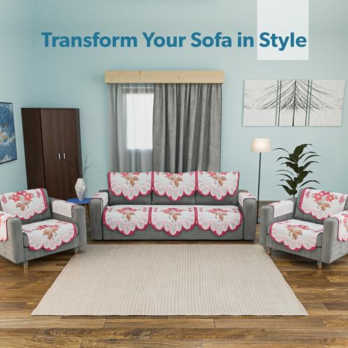 Image of Kuber Industries (Set of 16) Stylish & Durable Cotton Sofa Covers 5 Seater with Arms | Washable Sofa Protector & Slipcover for Living Room & Office | Painting Design-White & Pink