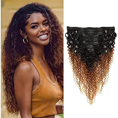 Seelaak 26inch Ombre Brown Curly Clip in Hair Extensions Brazilian Virgin Remy Hair Kinky Curly Clip Ins Human Hair Extension Cover