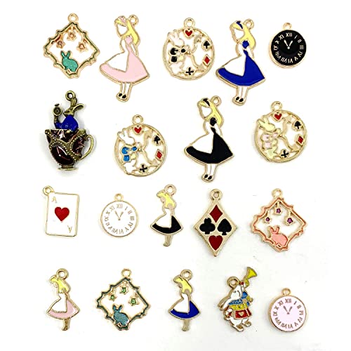 KASTWAVE Assorted Gold Plated Enamel Alice in Wonderland Wreath Charm Pendant,DIY for Necklace Bracelet Jewelry Making Mixed Smooth Silver Metal Charms Crafting