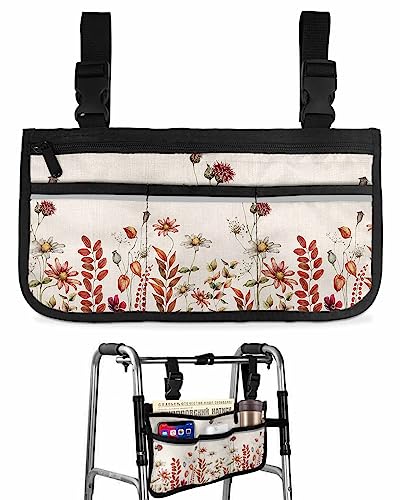 Fall Wild Flowers Wheelchair Side Bag Walker Bag, Botanical Farmhouse Eucalyptus Leaves Wheelchair Accessories Armrest Pouch, Organizer Storage Bag for Walkers, Rollators, Scooters, 7.3''x13''