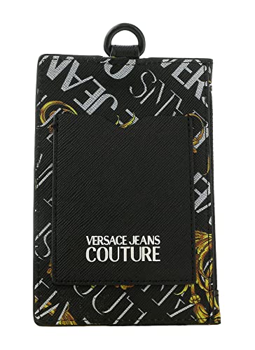 VERSACE JEANS COUTURE Black Gold Leather Baroque Brush Pattern Lanyard Cardholder3