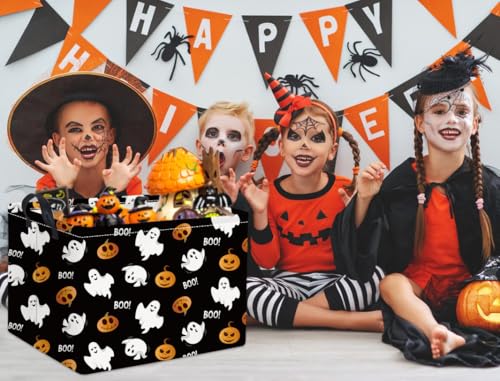 Image of Rectangular Halloween Basket for Kids Cute Pumpkin Basket Storage Bin Organizer Box Room Decor for Halloween Parties(Black Boo)
